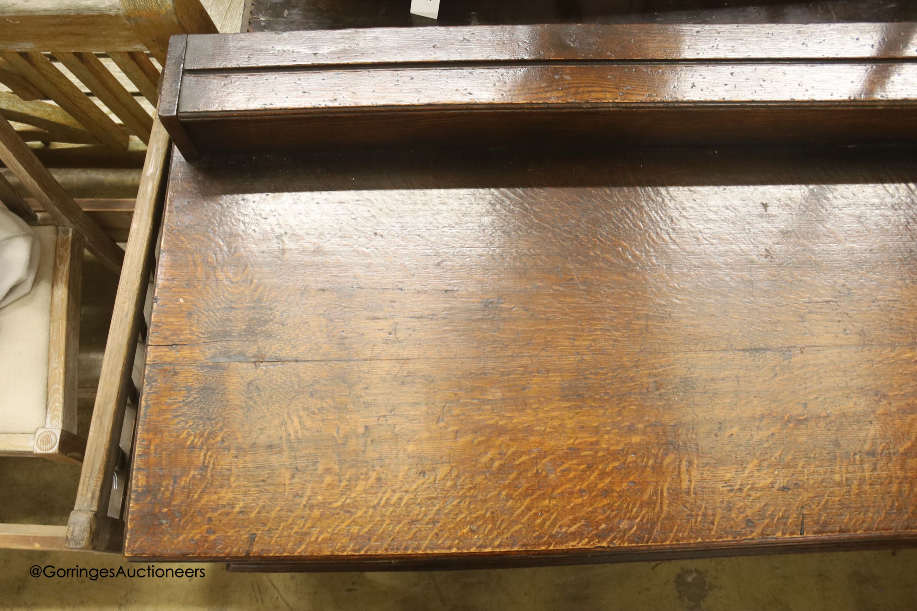 An 18th century oak low dresser, length 182cm, depth 58cm, height 90cm